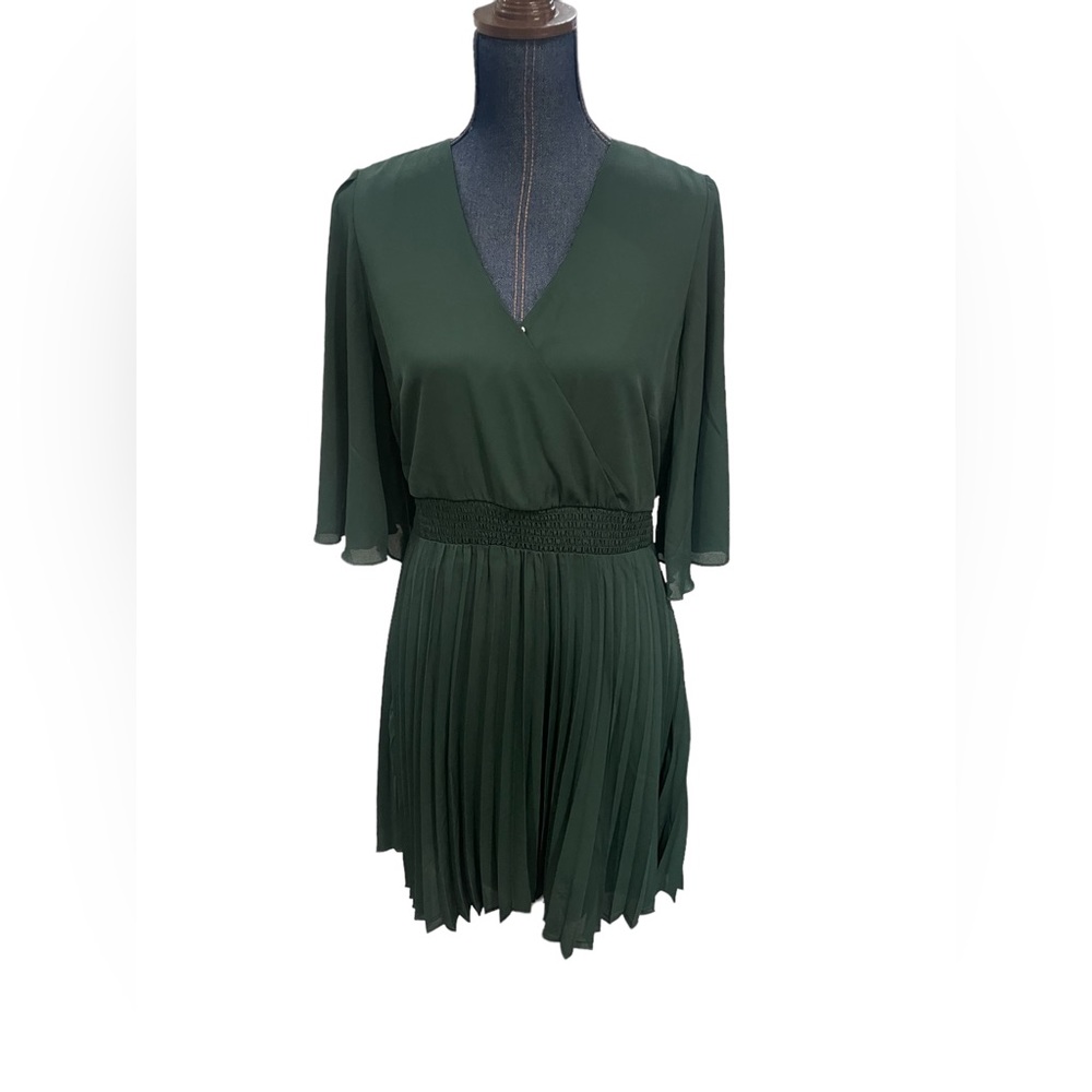 Allison & Kelly forest green 3/4 sleeve pleated Vneck short dress Sz large NWT - Picture 1 of 5
